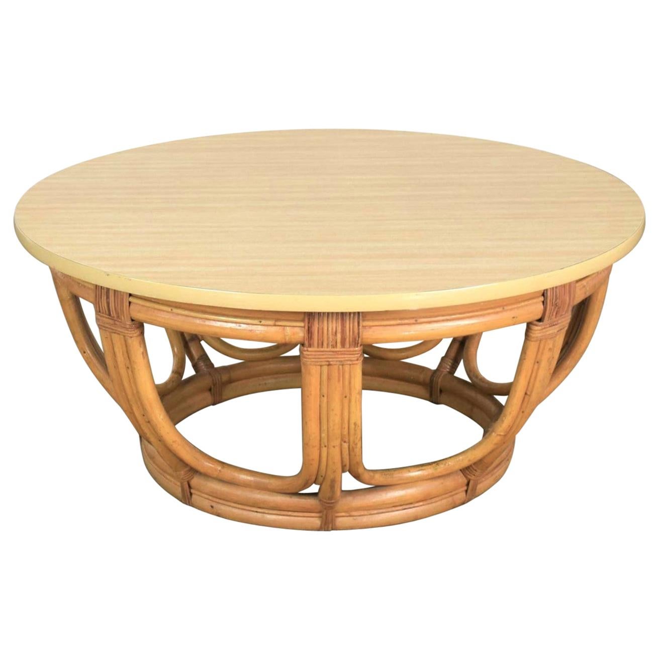 Vintage Round Rattan Drum Shape Coffee or End Table with Laminate Top For Sale