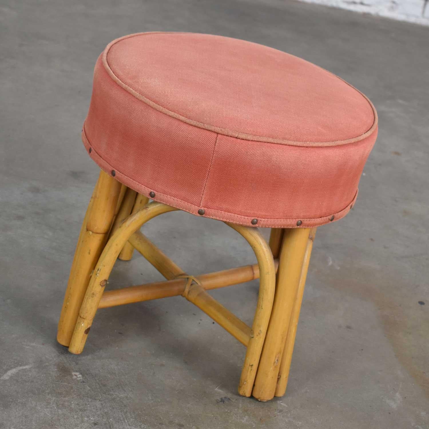 20th Century Vintage Round Rattan Low Foot Stool Ottoman or Tuffet Original Upholstered Top