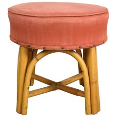 Retro Round Rattan Low Foot Stool Ottoman or Tuffet Original Upholstered Top