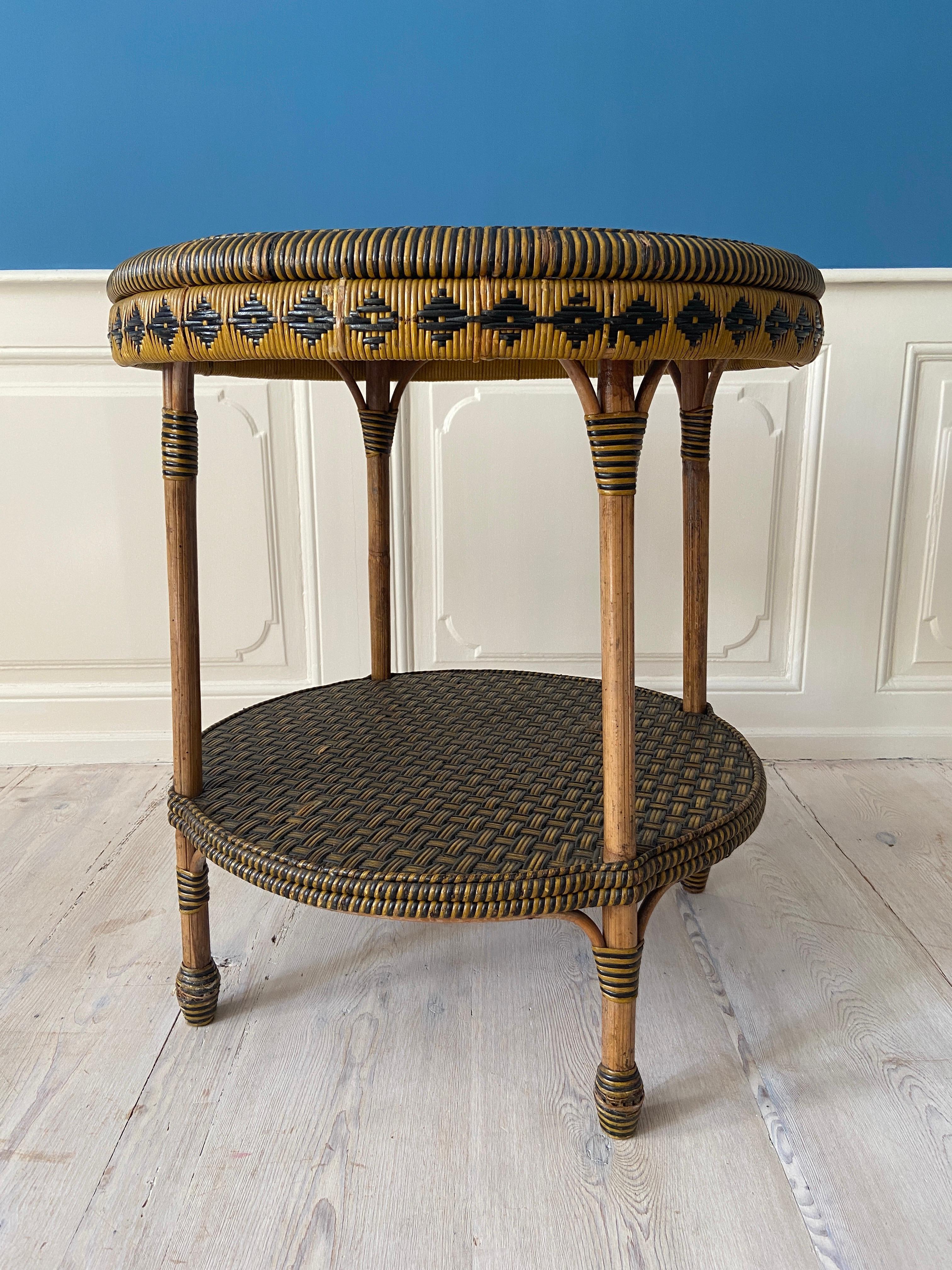 Vintage Round Rattan Table with Black and Yellow Woven Details, France ...