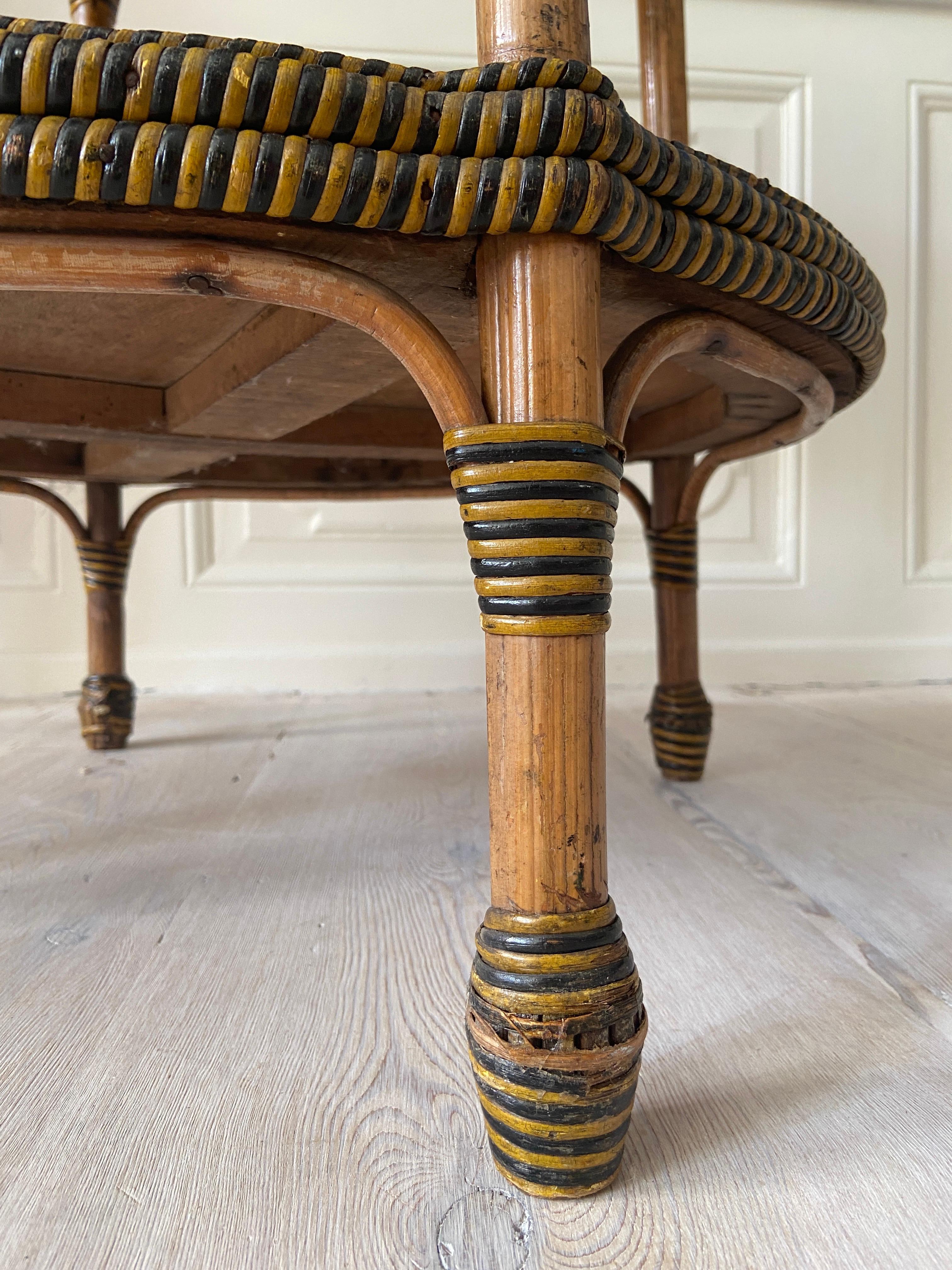 Vintage Round Rattan Table with Black and Yellow Woven Details, France