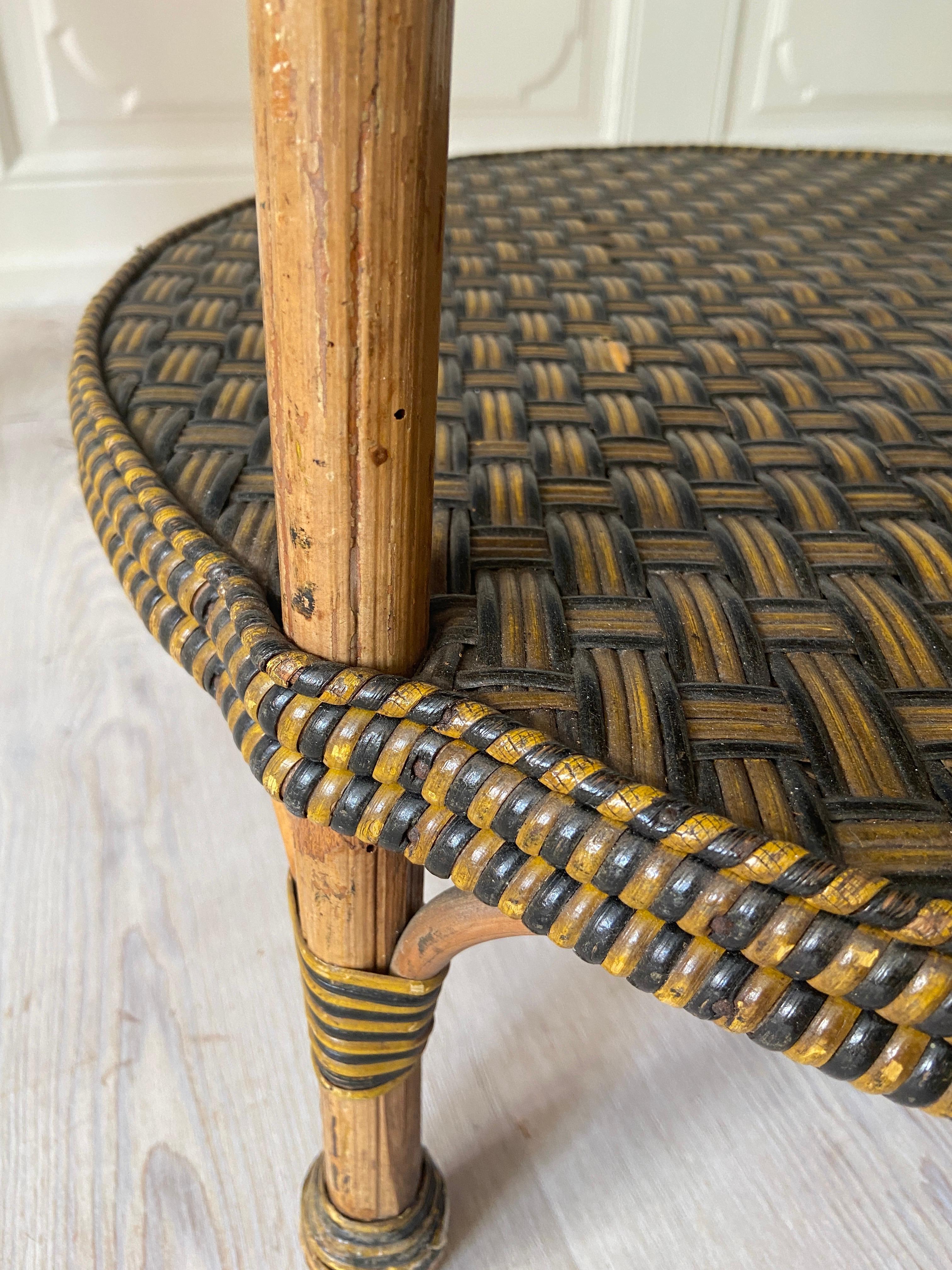 Vintage Round Rattan Table with Black and Yellow Woven Details, France ...