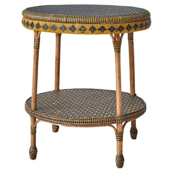 Vintage Round Rattan Table with Black and Yellow Woven Details, France