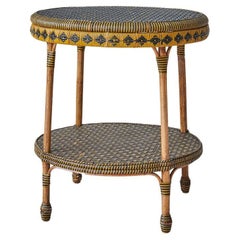 Vintage Round Rattan Table with Black and Yellow Woven Details, France, 1920s