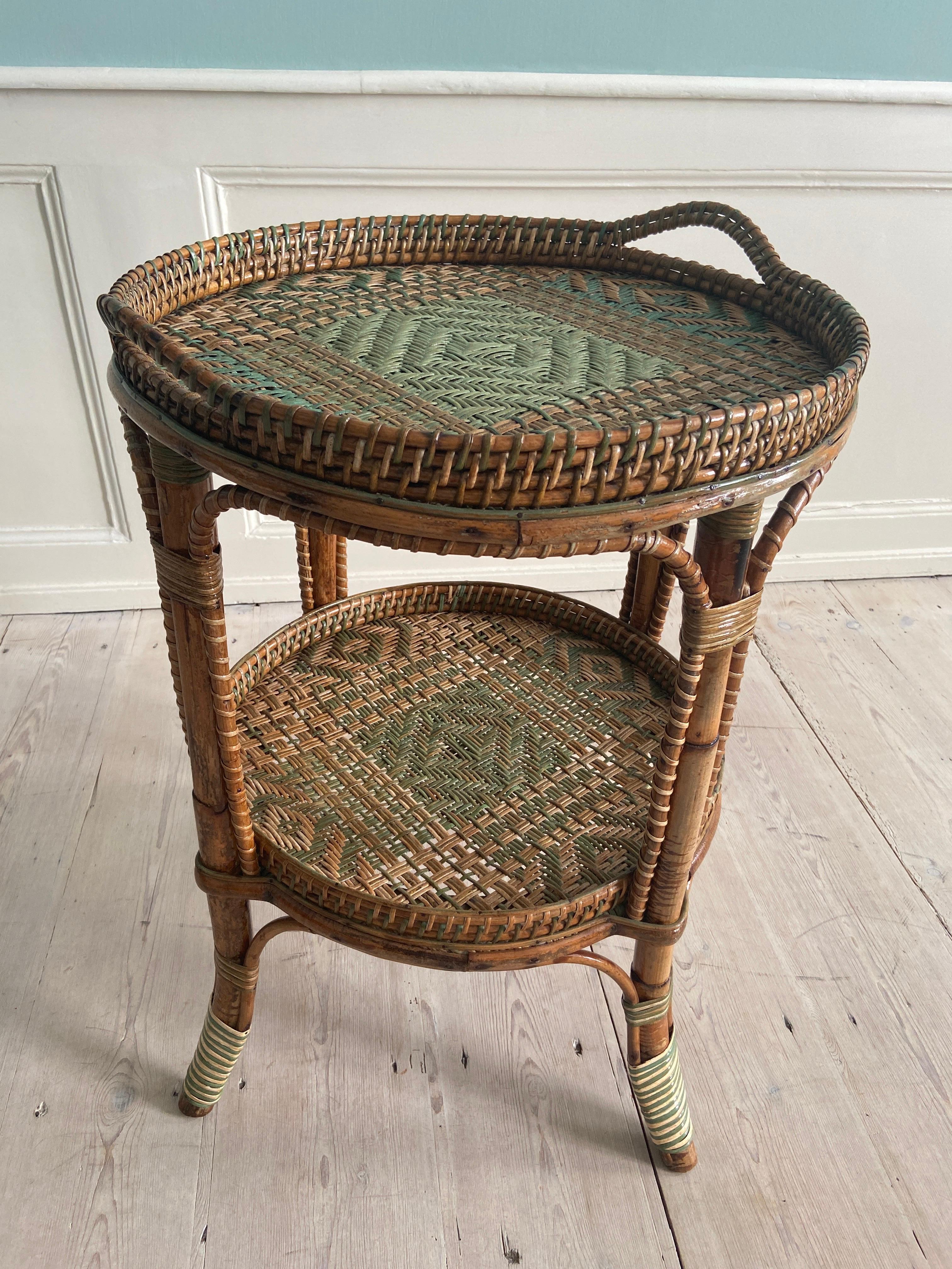 Vintage Round Rattan Table with Green Woven Details, France, 1920s 5