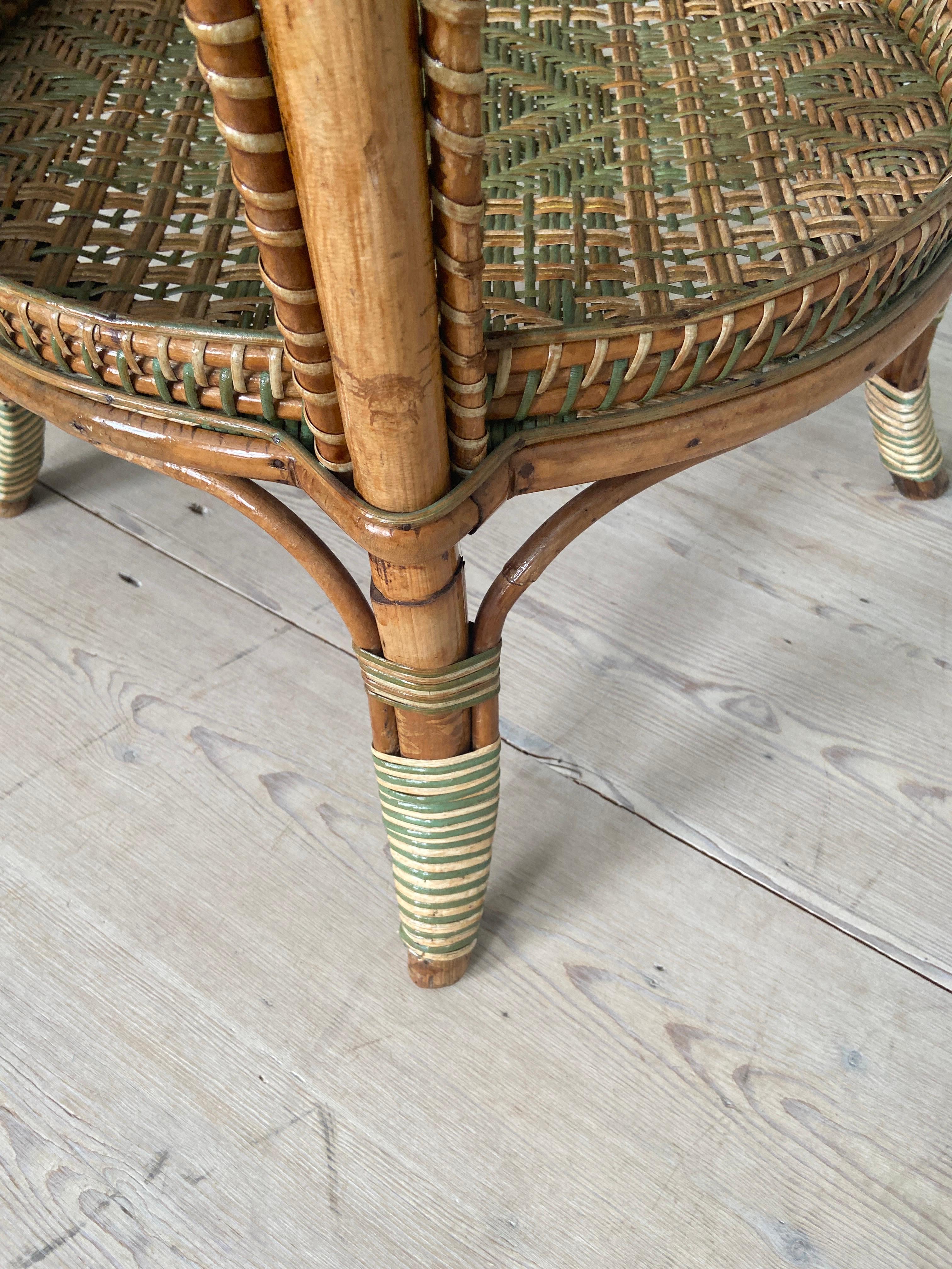Vintage Round Rattan Table with Green Woven Details, France, 1920s 6