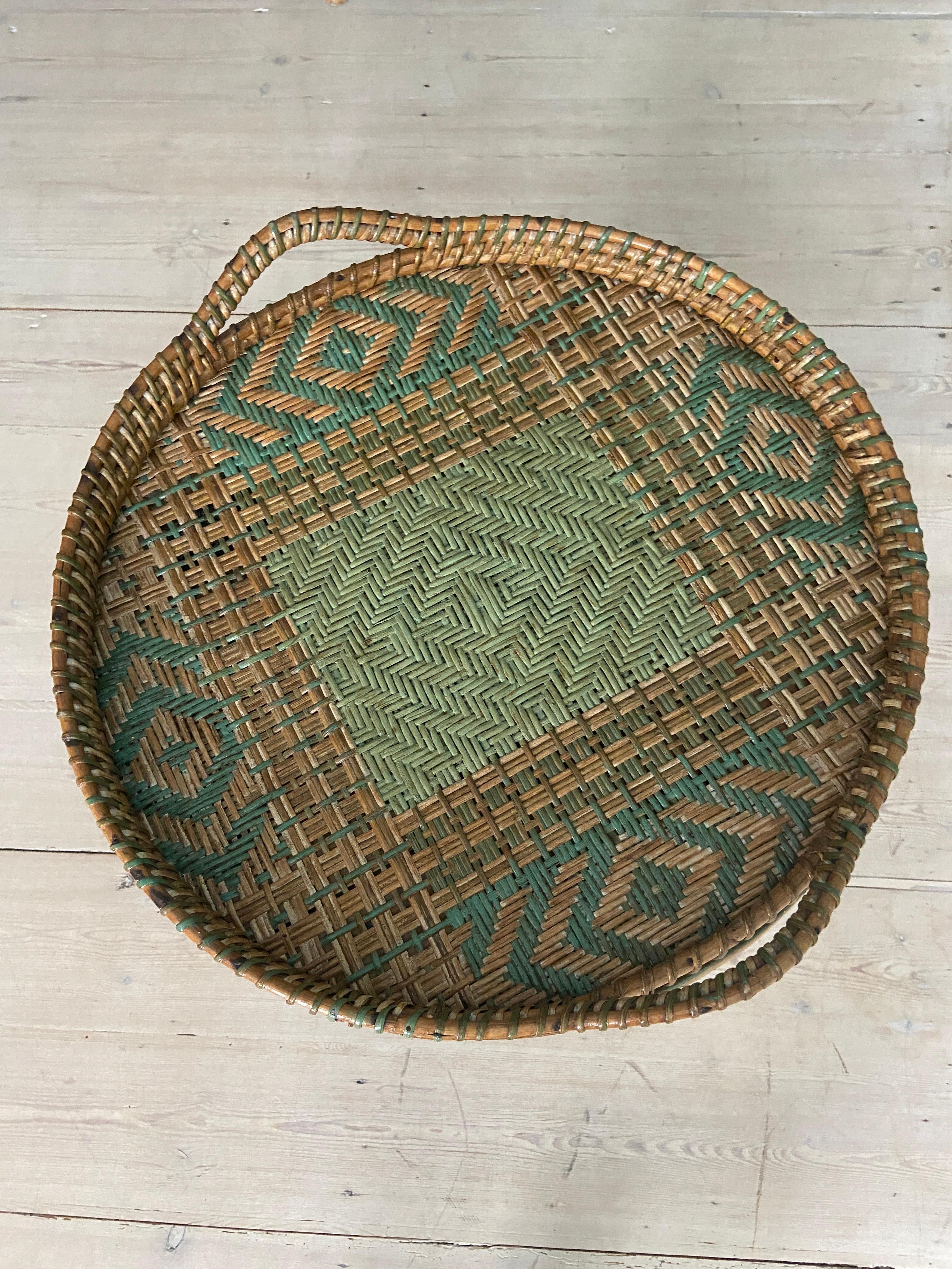Vintage Round Rattan Table with Green Woven Details, France, 1920s In Good Condition In Copenhagen K, DK