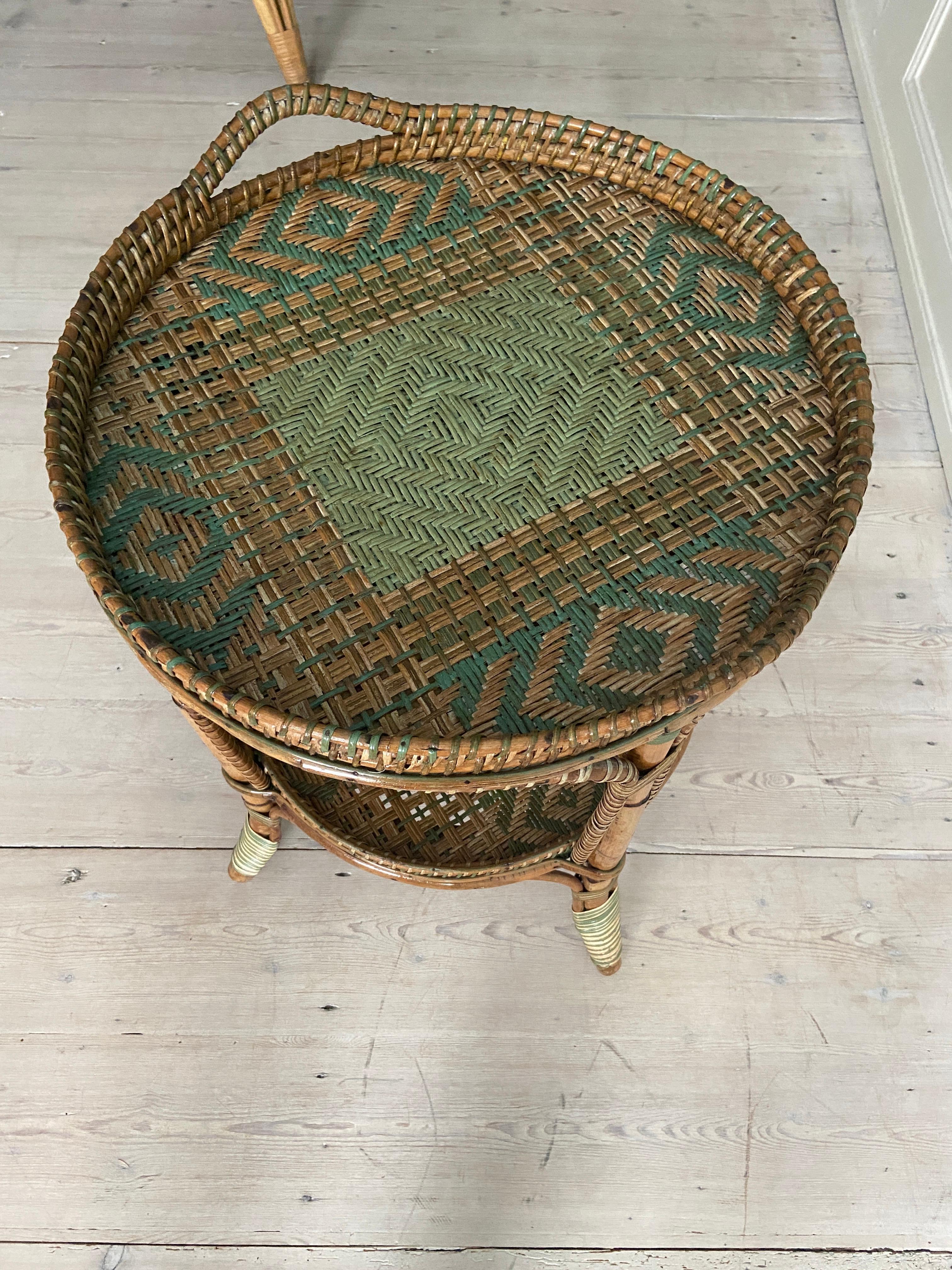 Early 20th Century Vintage Round Rattan Table with Green Woven Details, France, 1920s