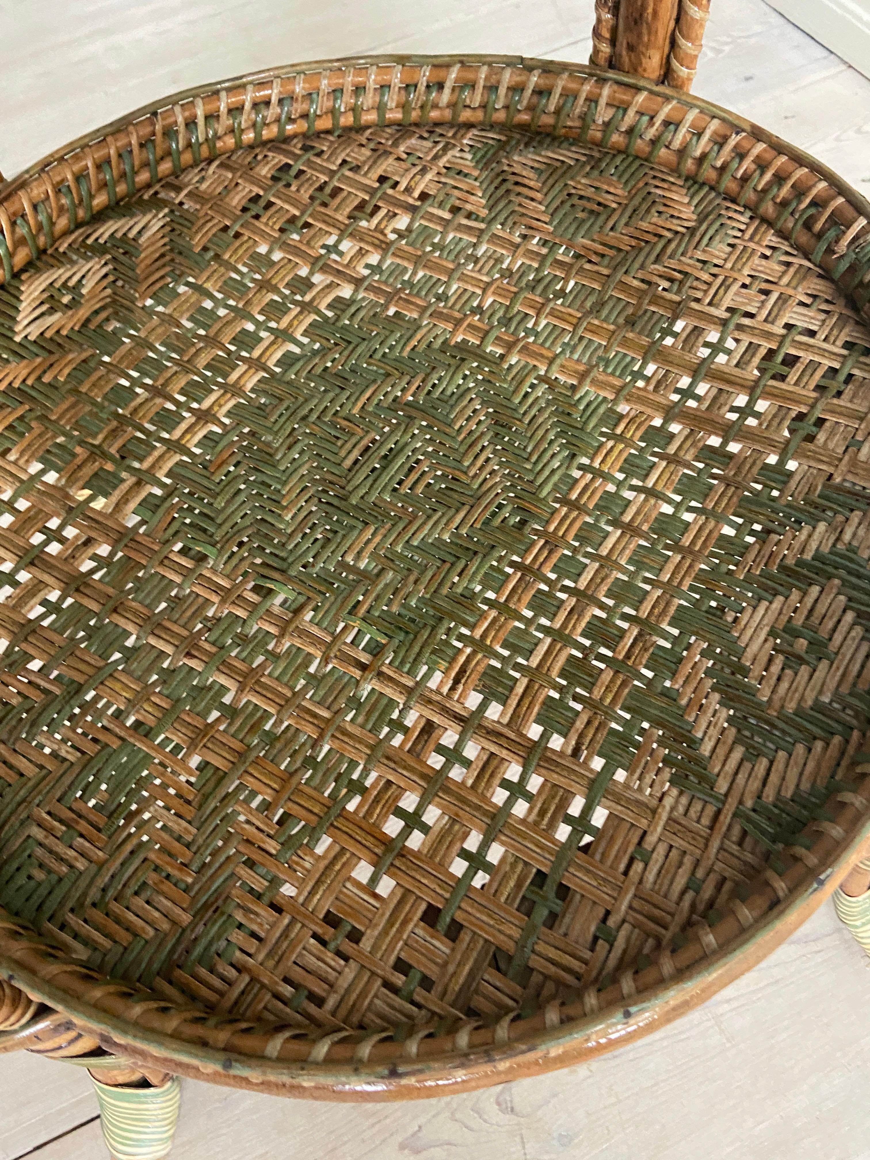 Vintage Round Rattan Table with Green Woven Details, France, 1920s 2