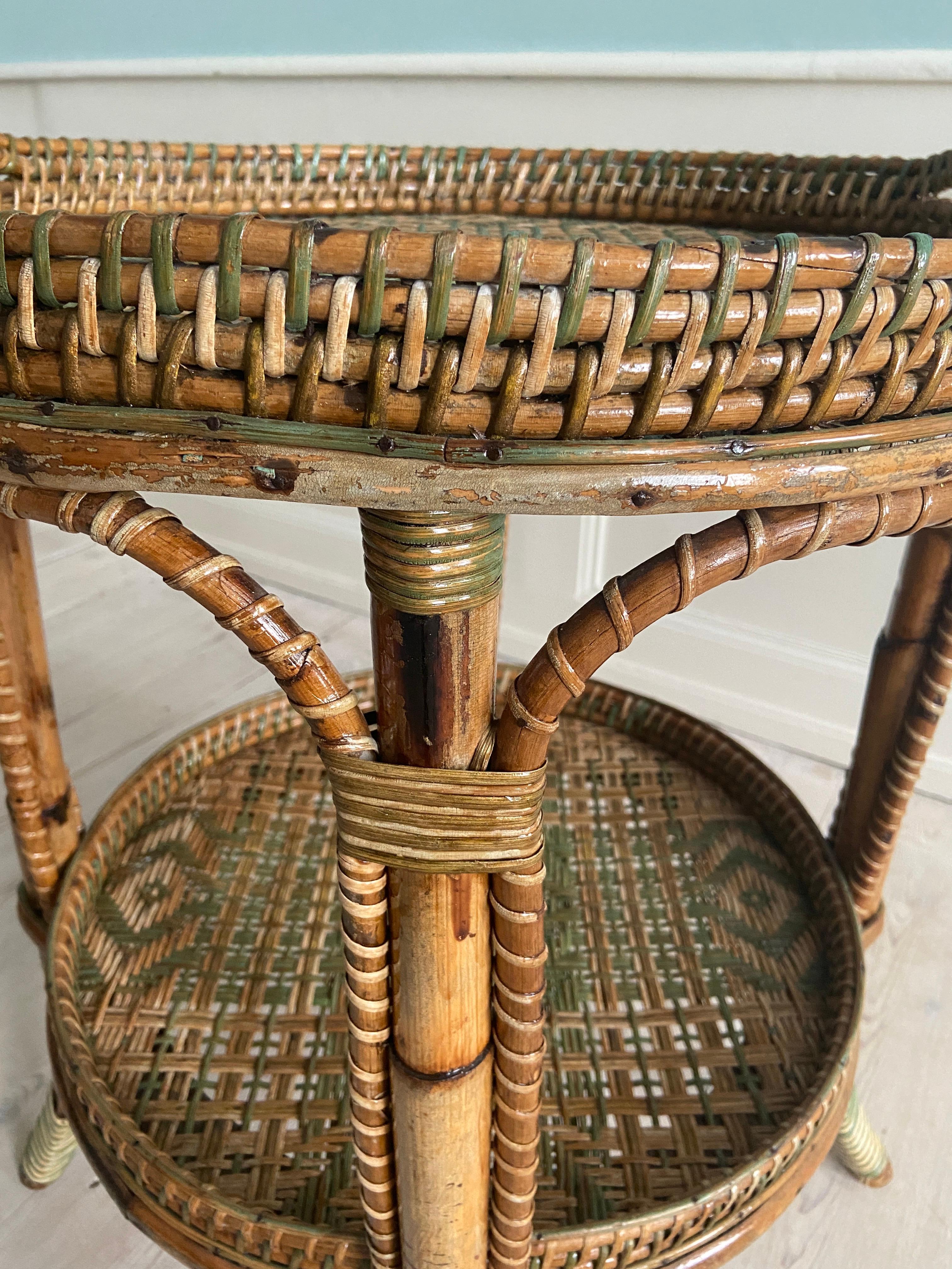 Vintage Round Rattan Table with Green Woven Details, France, 1920s 3