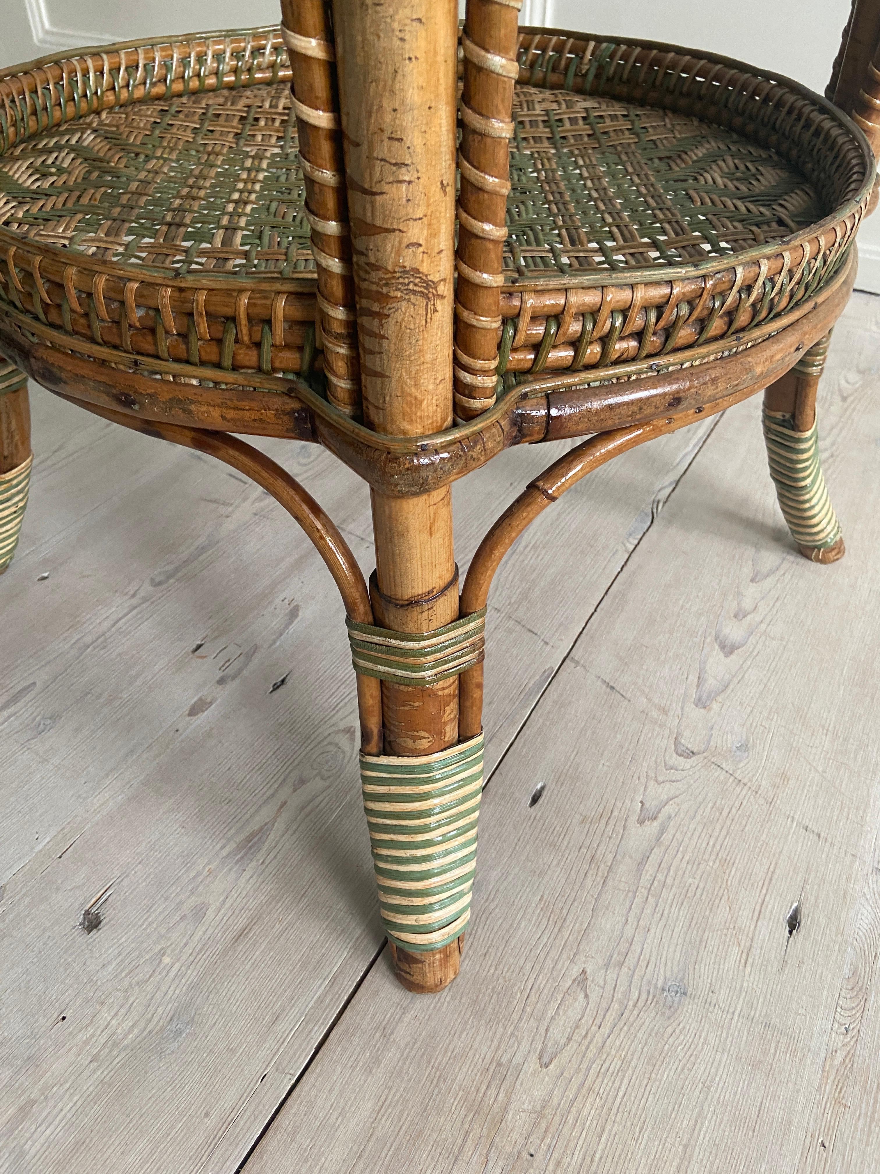 Vintage Round Rattan Table with Green Woven Details, France, 1920s 4