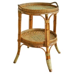 Vintage Round Rattan Table with Green Woven Details, France, 1920s