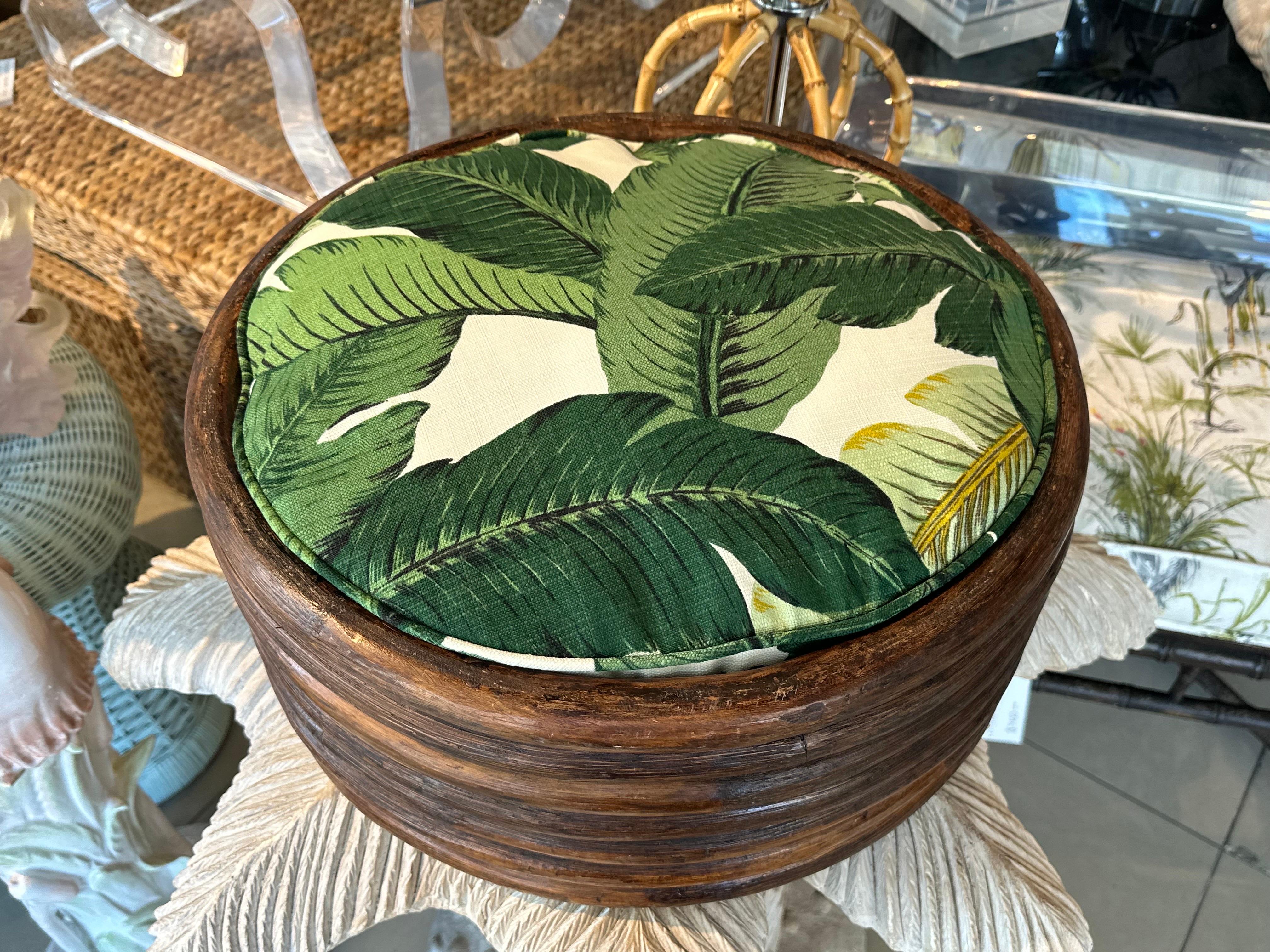 Vintage Round Rattan Tropical Palm Leaf Palm Beach Dog Pet Bed New Upholstery For Sale 1
