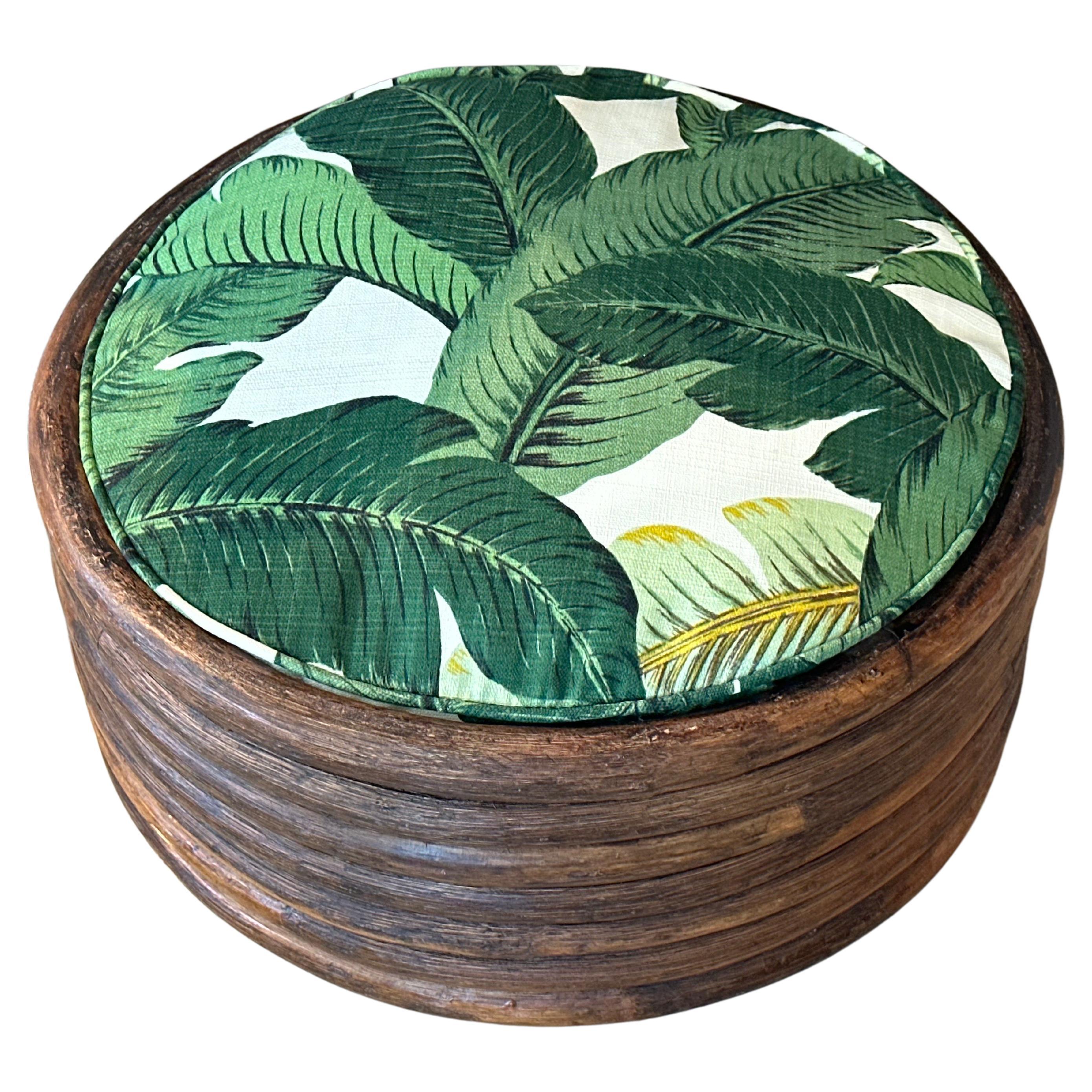Vintage Round Rattan Tropical Palm Leaf Palm Beach Dog Pet Bed New Upholstery For Sale