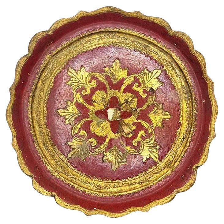 Bandeja redonda vintage de madera Florentia dorada en oro y rojo - Italia