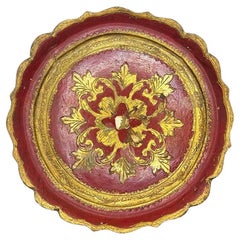 Bandeja redonda vintage de madera Florentia dorada en oro y rojo - Italia