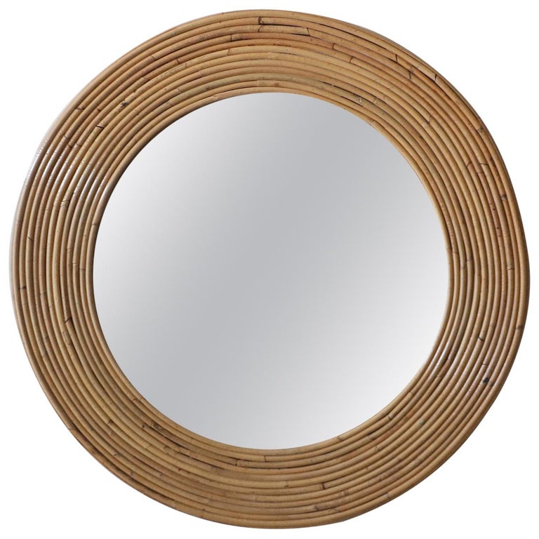 Vintage Round Reeded Bamboo Wicker Rattan Wall Mirror For Sale at