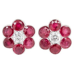 Vintage Round Ruby and Diamond Platinum Custer Stud Earrings Vintage Round Ruby and Diamond Platinum Custer Stud Earrings