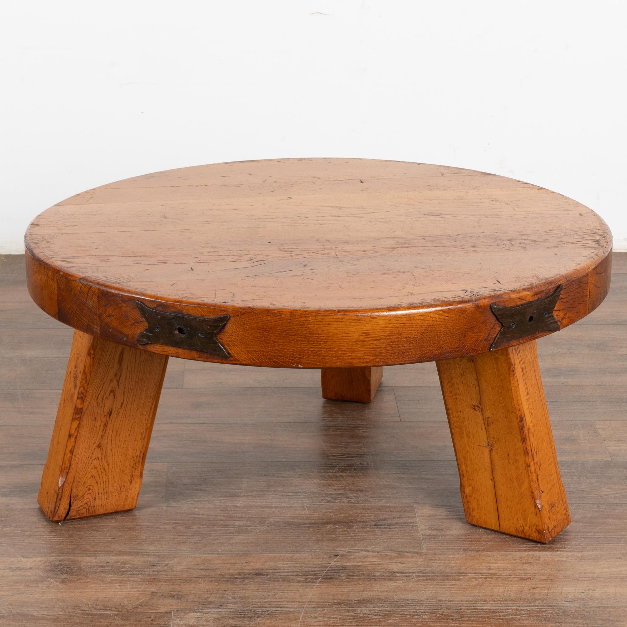 French Vintage Round Rustic Oak Coffee Table, France circa 1960-70