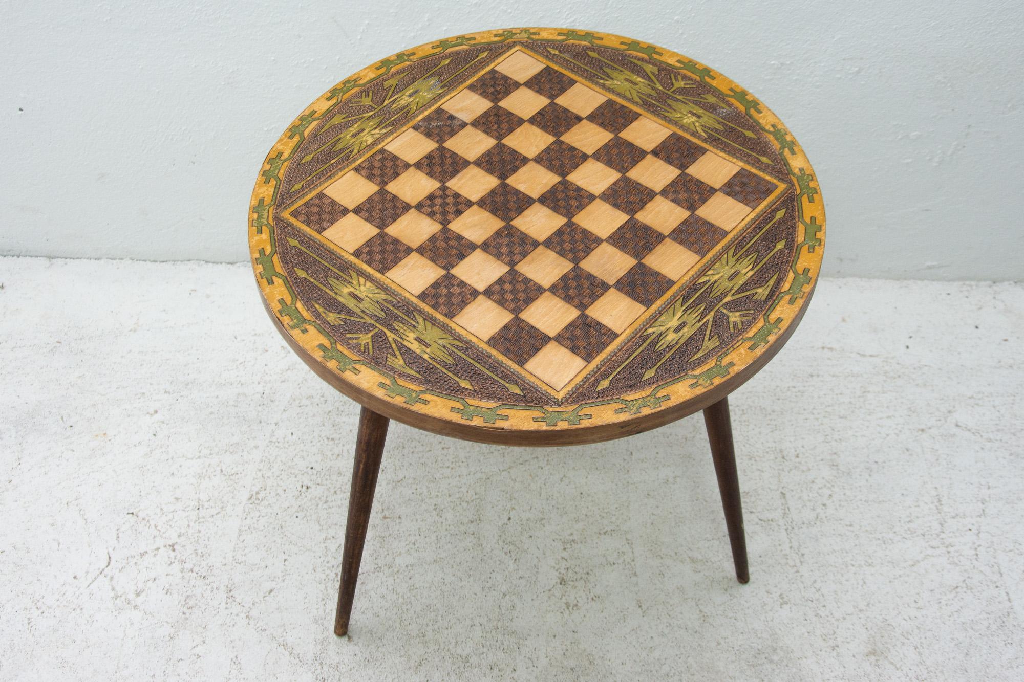 Wood Vintage Round Side Table with Chess Pattern, 1970s, Albania