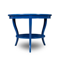 Vintage Round Side Table with Shelf in Gloss Blue Lacquer