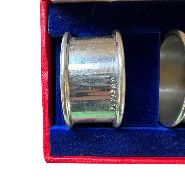 Mid-Century Modern Vintage Round Silver Pewter Napkin Rings in Red Boxes - Set of 12 For Sale