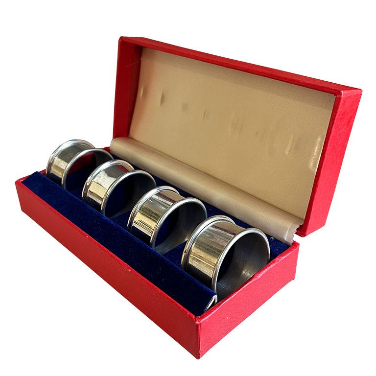 Singaporean Vintage Round Silver Pewter Napkin Rings in Red Boxes - Set of 12 For Sale