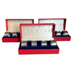 Vintage Round Silver Pewter Napkin Rings in Red Boxes - Set of 12