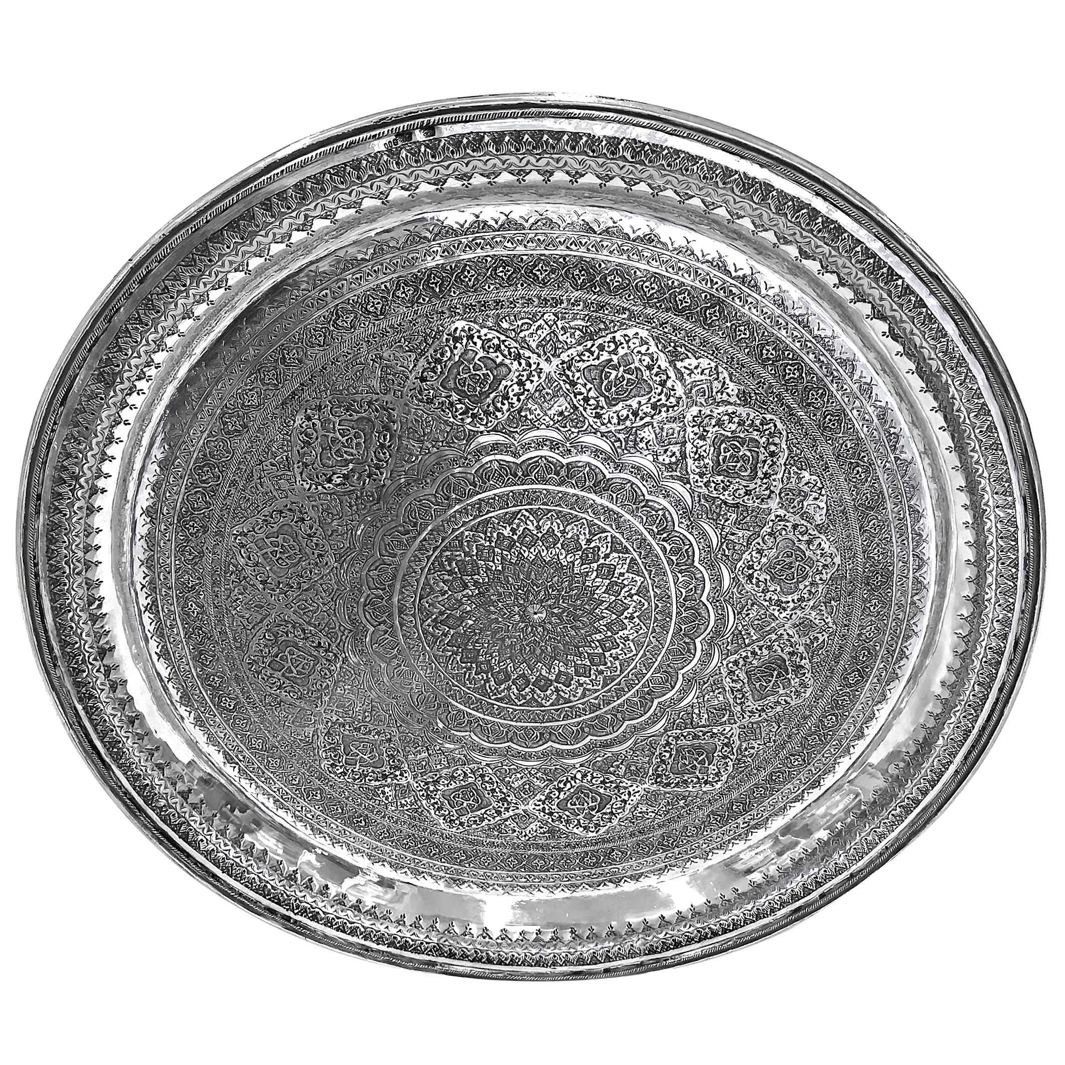Old Round Silver Tray Detailed Hand Carved  For Sale