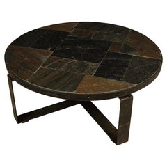 Vintage Round Slate and Iron Coffee Table From Netherlands, 1960s