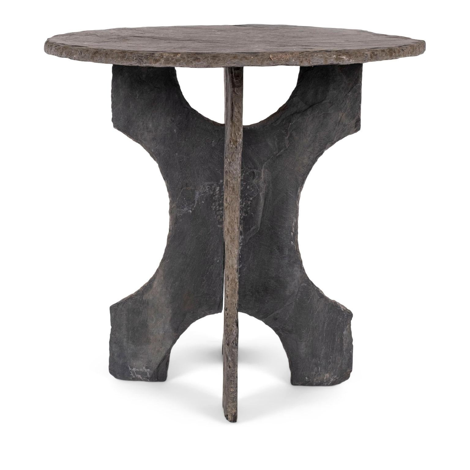Vintage round slate table from France, raised upon two-piece shaped slate base.