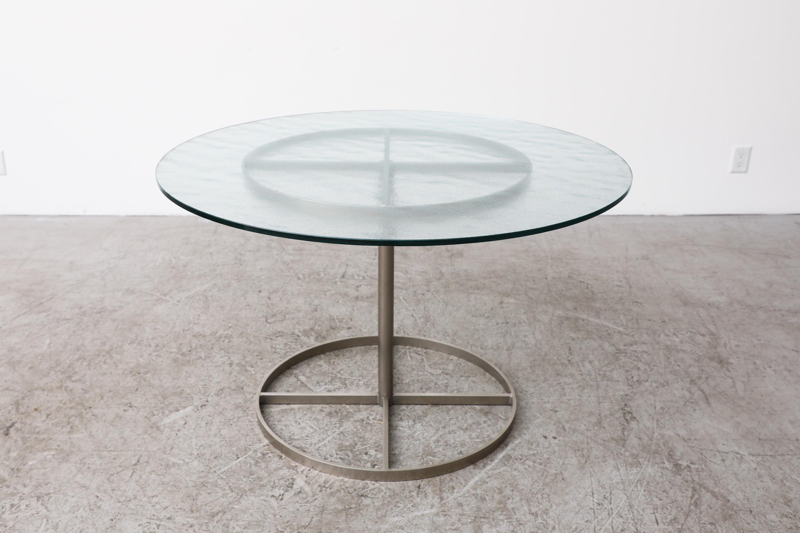 Mid-Century Modern Vintage Round Steel and Textured Glass Dining Table