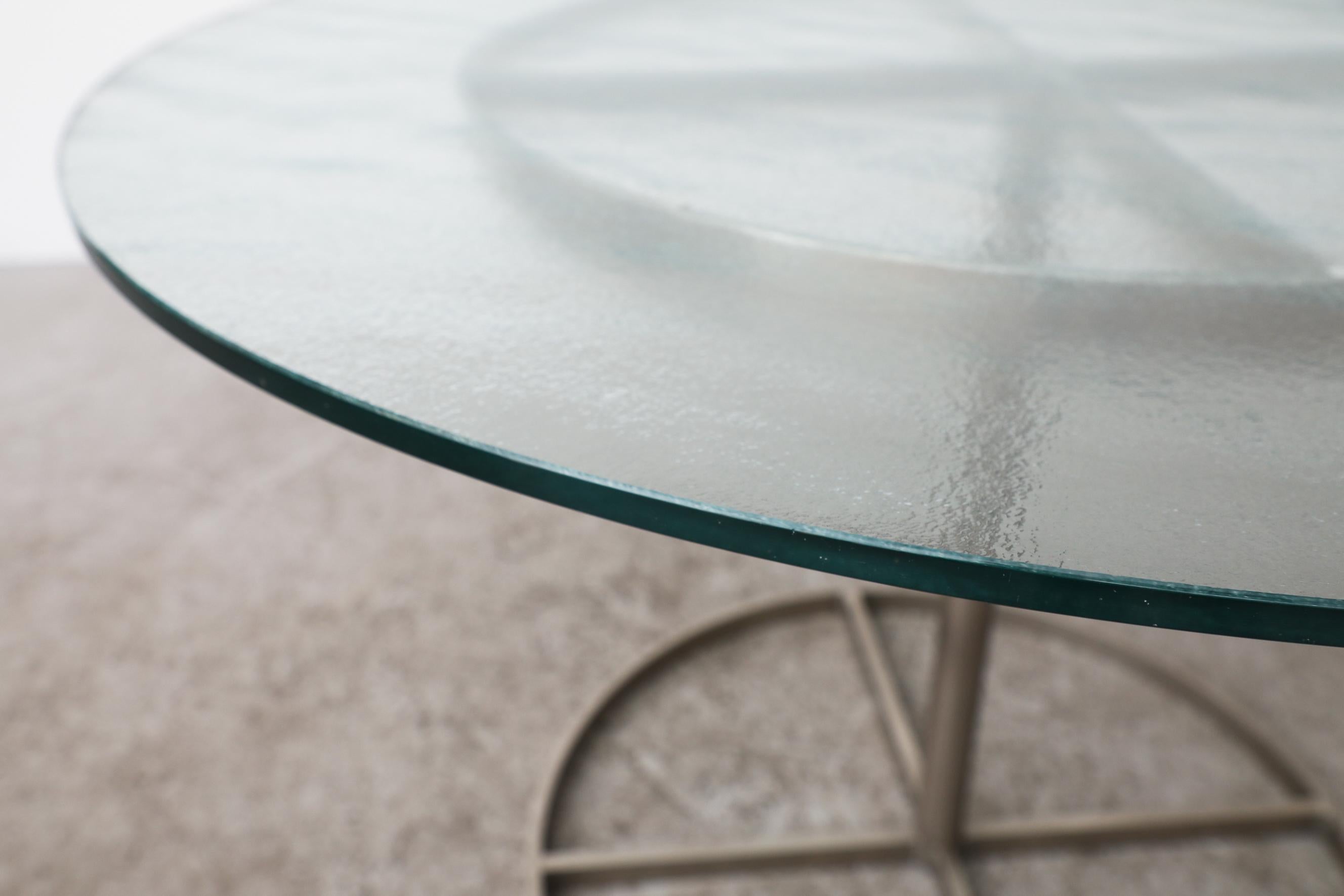 Dutch Vintage Round Steel and Textured Glass Dining Table