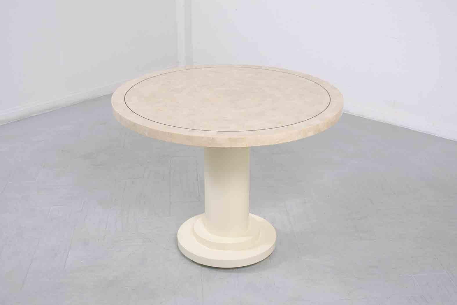 Restored 1960s Round Stone Inlaid Pedestal Dining Table with Brass Molding In Good Condition In Los Angeles, CA