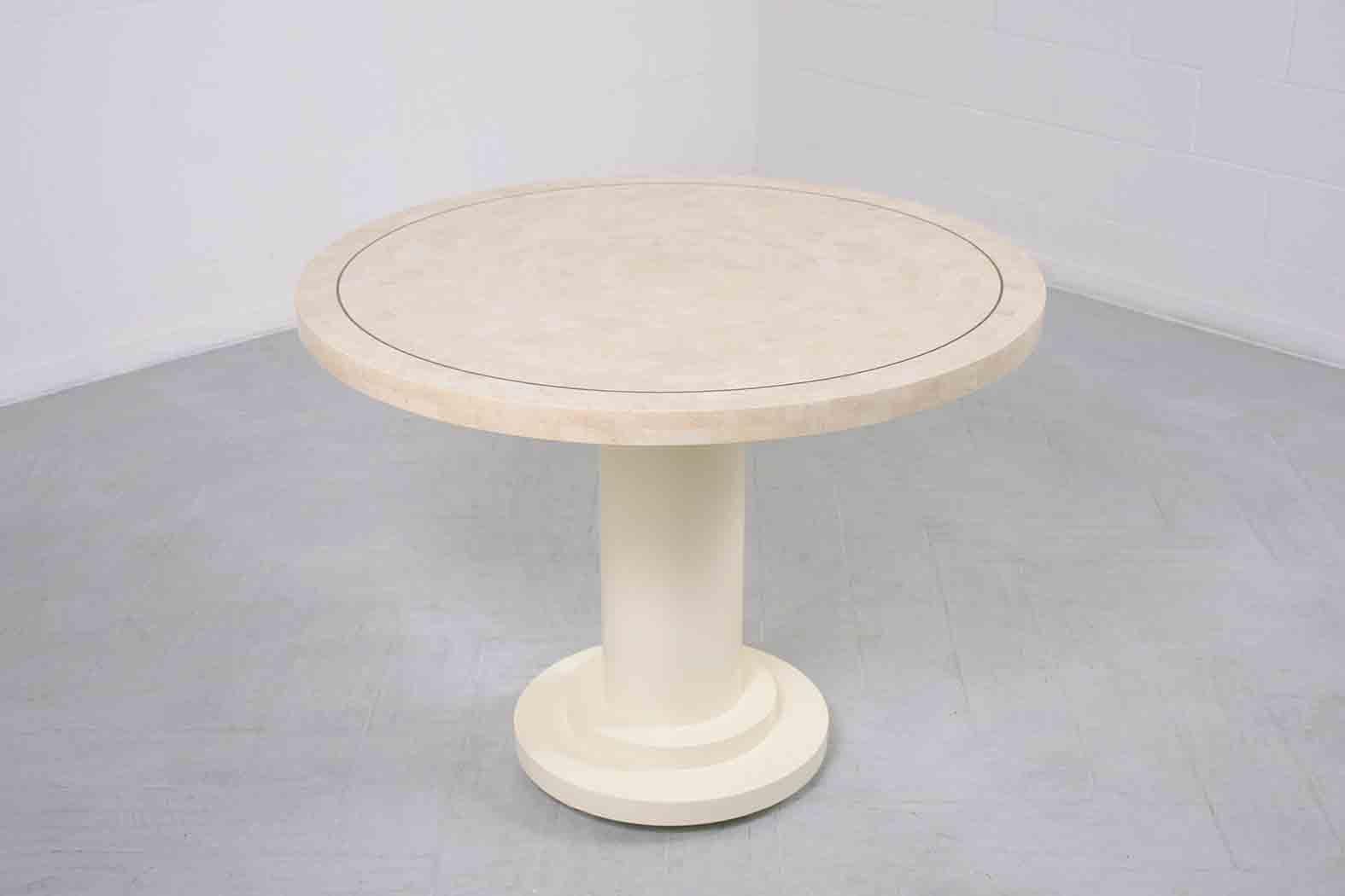 Mid-20th Century Restored 1960s Round Stone Inlaid Pedestal Dining Table with Brass Molding
