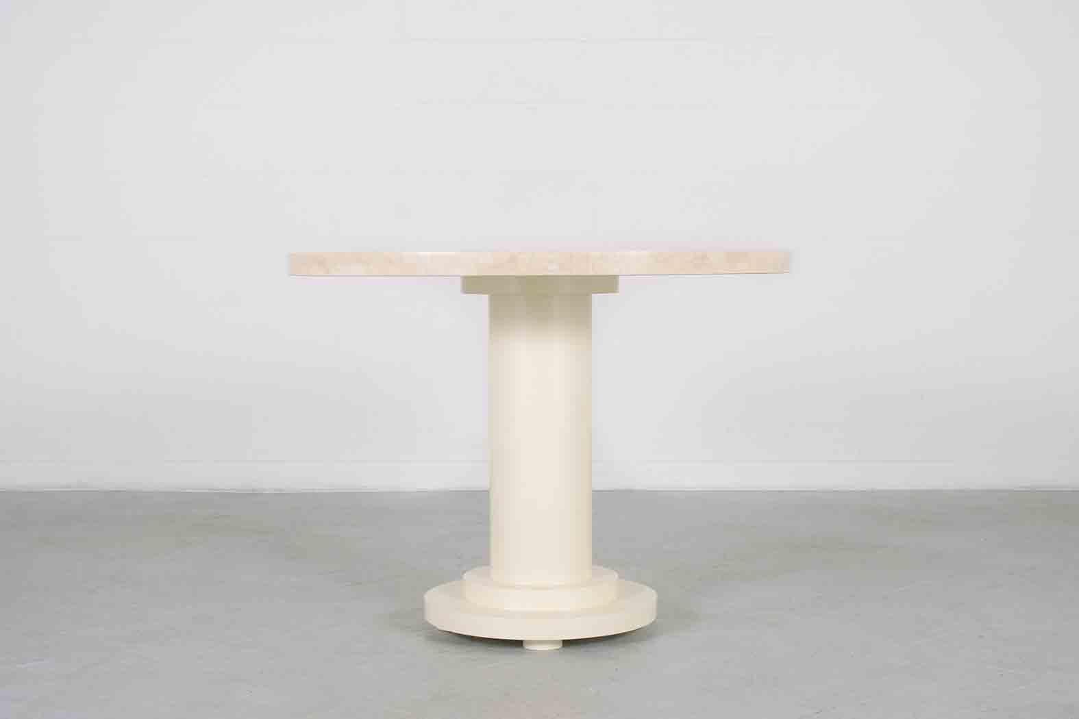 Lacquer Restored 1960s Round Stone Inlaid Pedestal Dining Table with Brass Molding