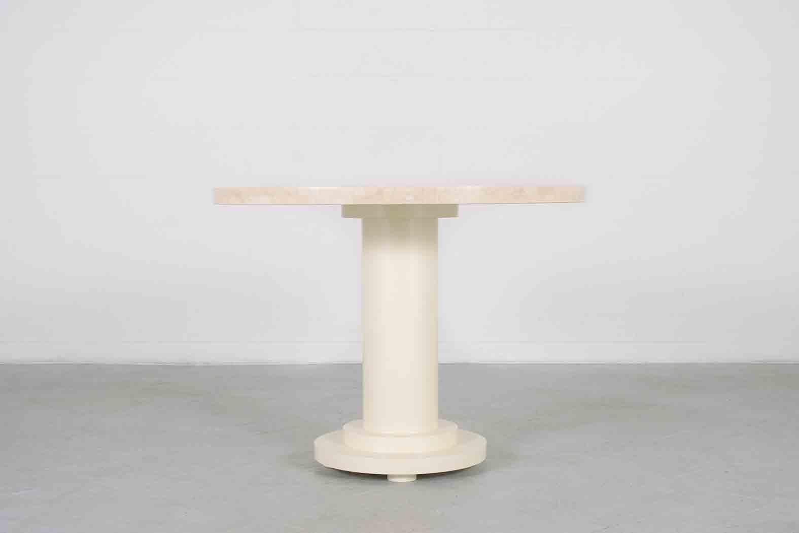 Marble Restored 1960s Round Stone Inlaid Pedestal Dining Table with Brass Molding