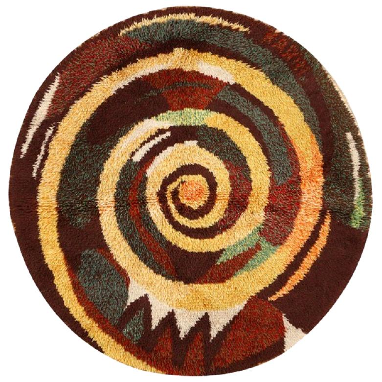 Runder schwedischer Rya-Teppich im Vintage-Stil. Größe: 6 Fuß x 6 Fuß 
