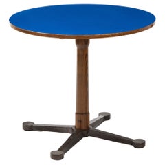 Vintage Round Table, Blue Laminate Top Cast Metal & Wood Base, Italian 1960’s