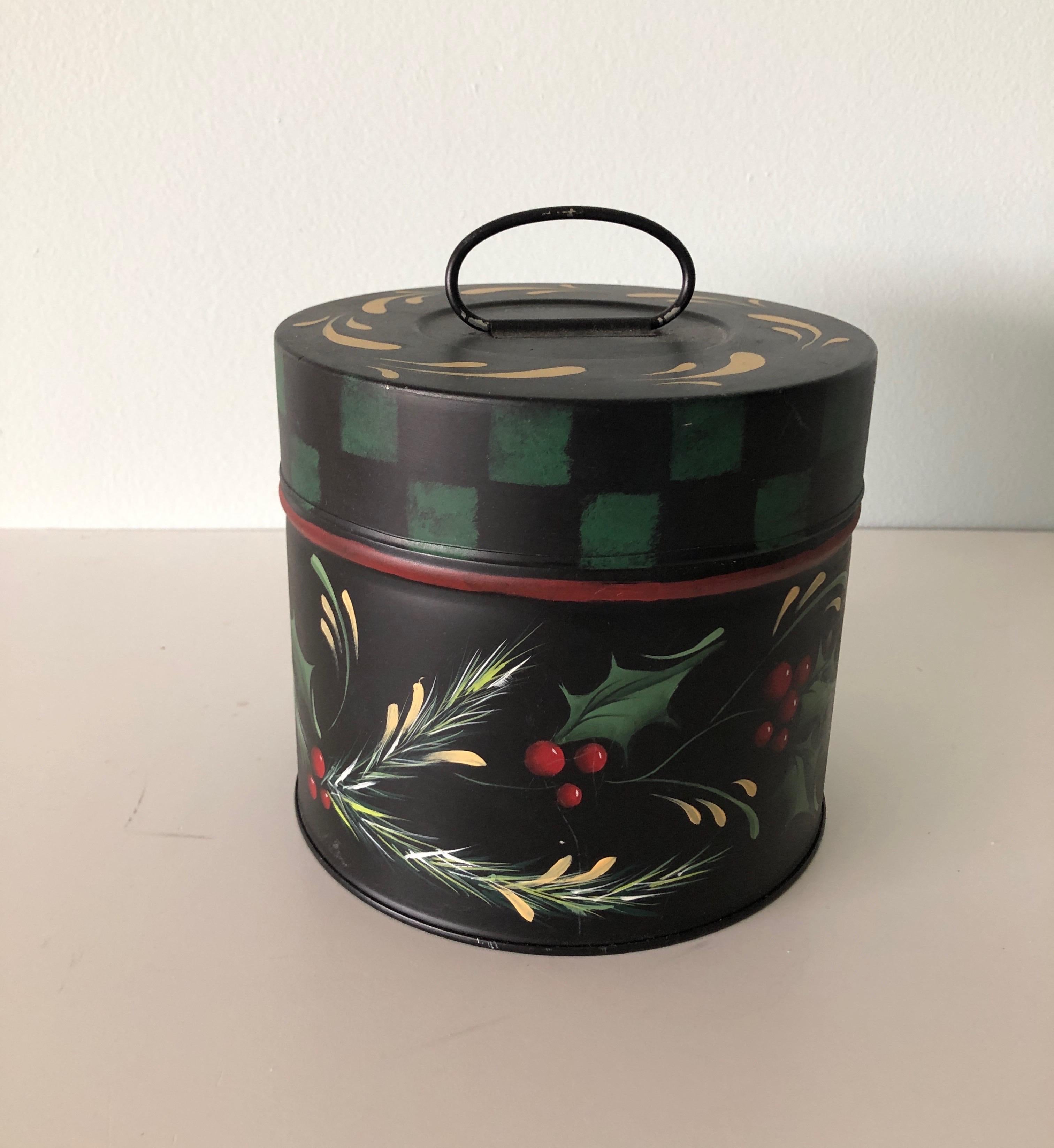 Bohemian Vintage Round Tole Hand Painted Canister with Holiday Theme Hand Painted Details