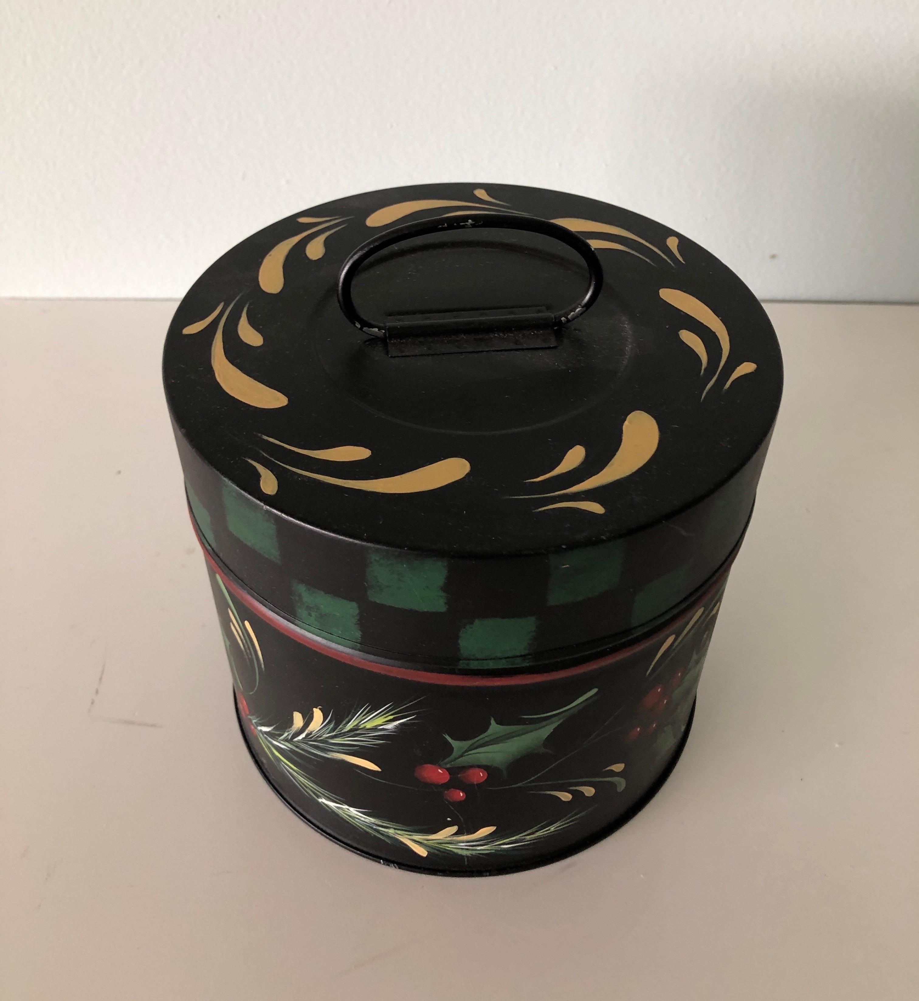 North American Vintage Round Tole Hand Painted Canister with Holiday Theme Hand Painted Details