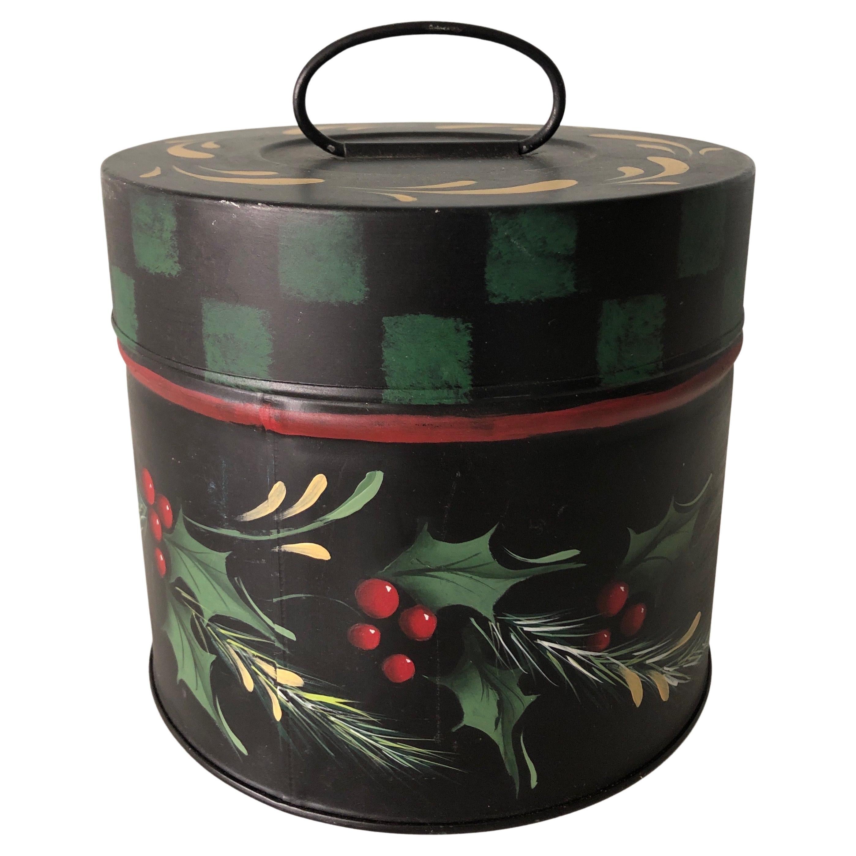 Vintage Round Tole Hand Painted Canister with Holiday Theme Hand Painted Details