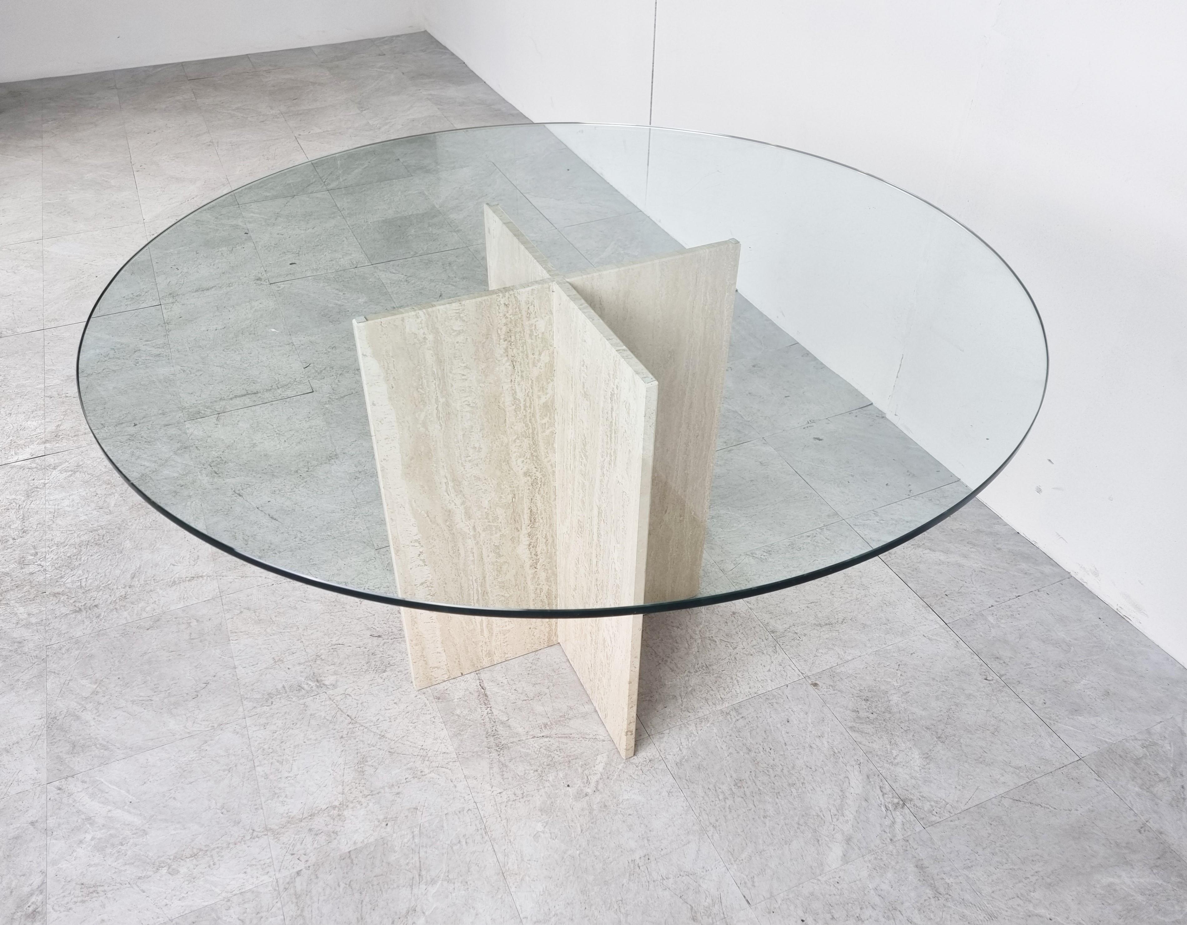 Vintage Round Travertine and Glass Dining Table, 1970s 2