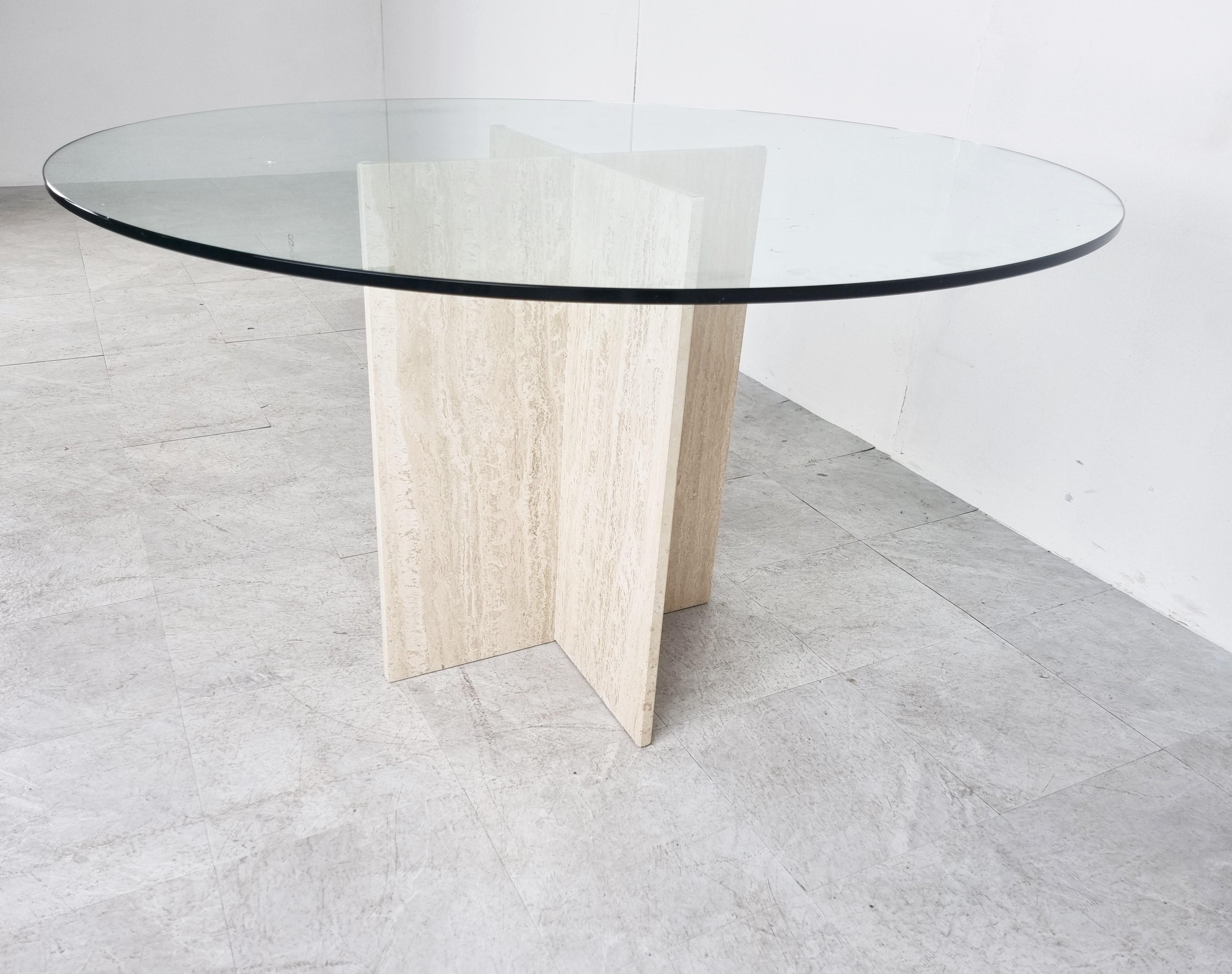 Vintage Round Travertine and Glass Dining Table, 1970s 3
