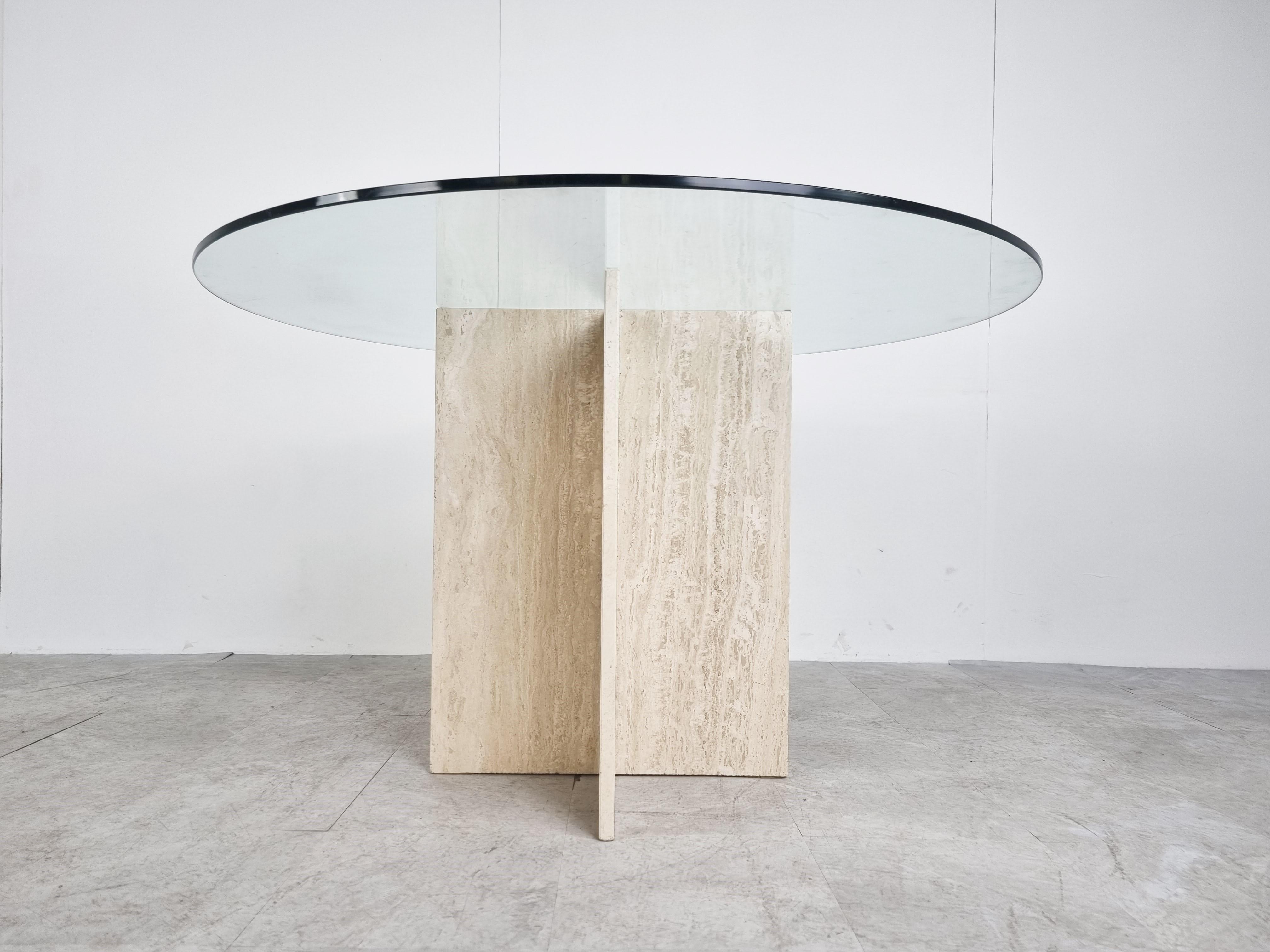 Italian Vintage Round Travertine and Glass Dining Table, 1970s