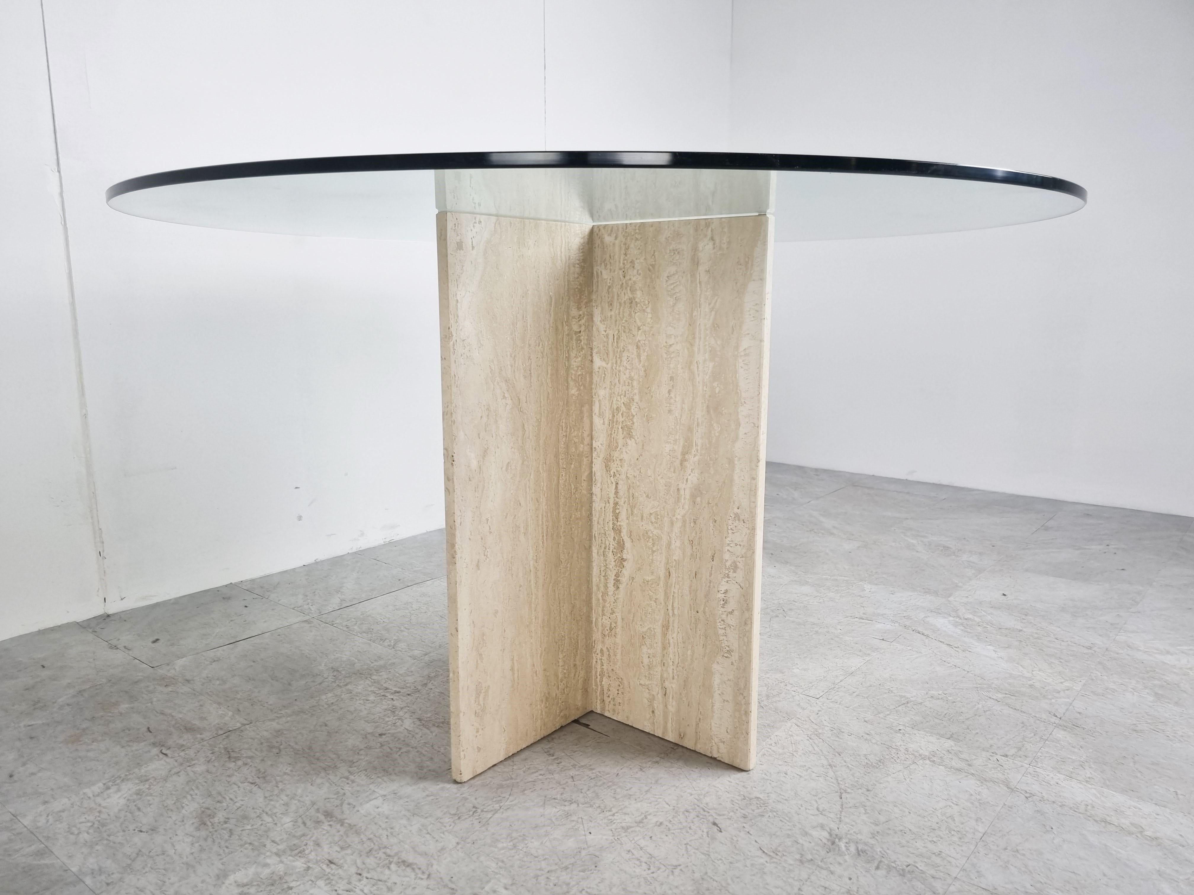 Vintage Round Travertine and Glass Dining Table, 1970s In Good Condition In HEVERLEE, BE