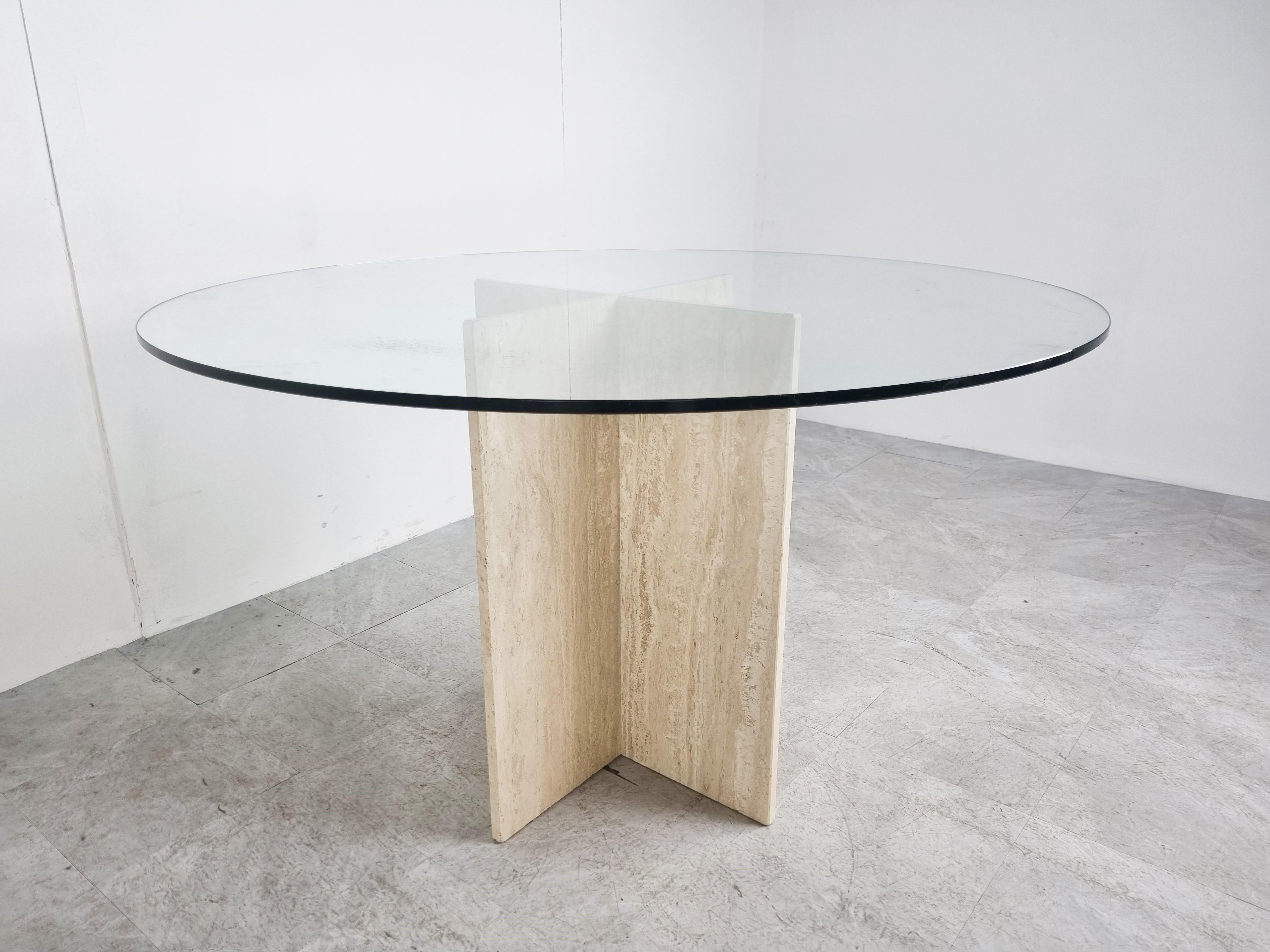 Late 20th Century Vintage Round Travertine and Glass Dining Table, 1970s