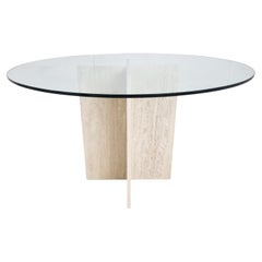 Vintage Round Travertine and Glass Dining Table, 1970s