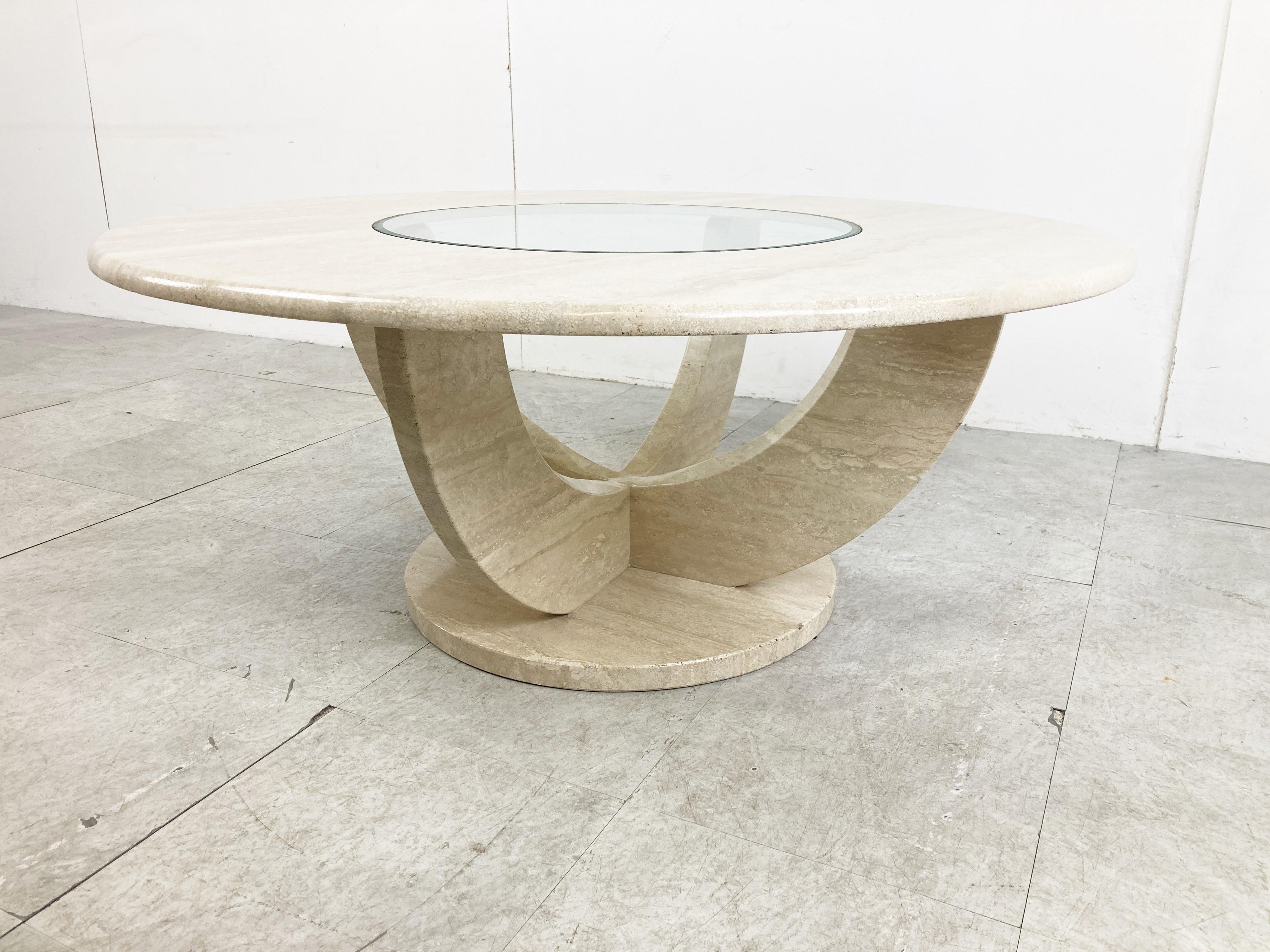 Italian Vintage Round Travertine Coffee Table, 1970s For Sale