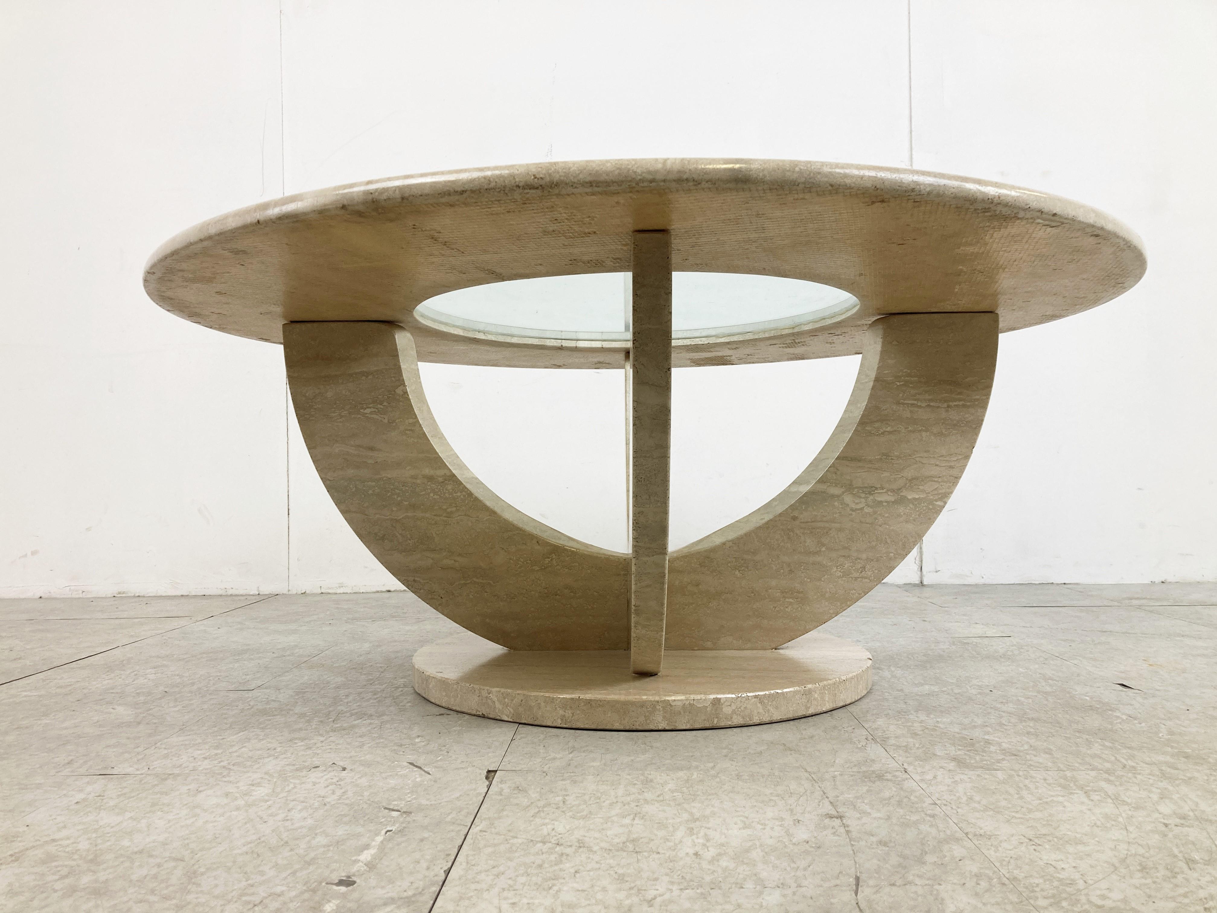 Glass Vintage Round Travertine Coffee Table, 1970s For Sale